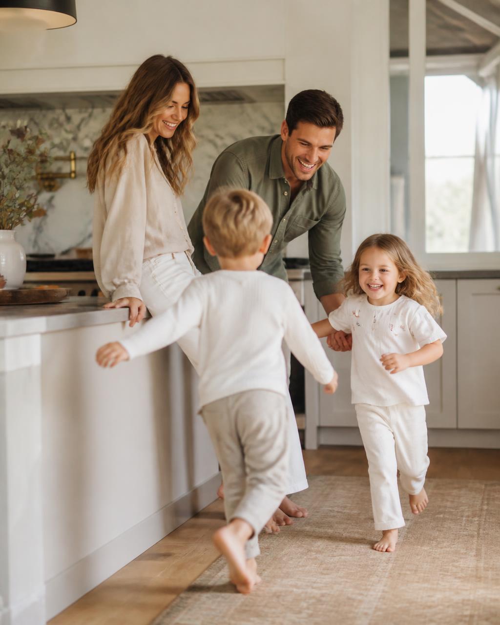 Parents laughing with their two young children at home